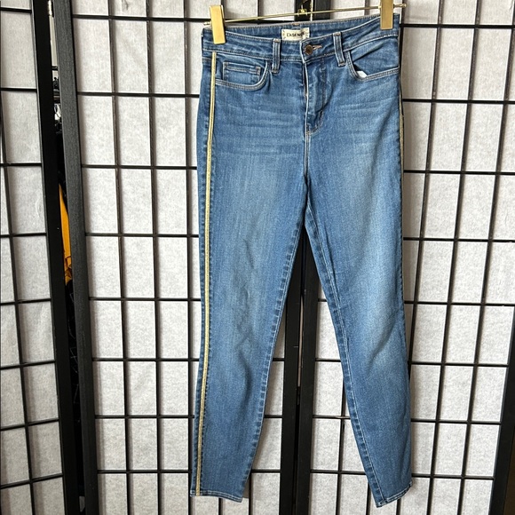 L'AGENCE Blue Skinny Jeans with Yellow Stripe - Picture 1 of 2